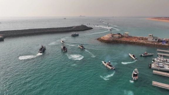 Islamic Revolutionary Guard Corps (IRGC) Navy's speedboats move during an exercise in Abu Musa Island, in this picture obtained on August 2, 2023. I