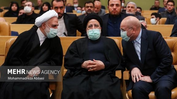 Iran’s President Ebrahim Raisi (center), Parliament Speaker Mohammad-Bagher Ghalibaf (right), and Chief Justice Gholam-Hossein Mohseni-Ejei