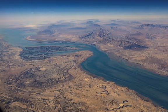 An aerial view of the Strait of Hormuz, between the Persian Gulf and the Gulf of Oman