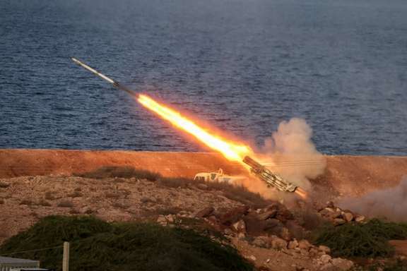 An Iranian missile being fired during drills in the Persian Gulf in December 2021