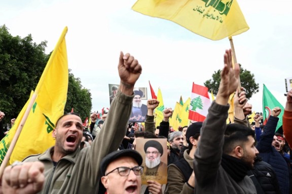Supporters of Hezbollah attend a protest organized by them against what they said was a violation of national sovereignty, near Beirut international airport, Lebanon, February 15, 2025.