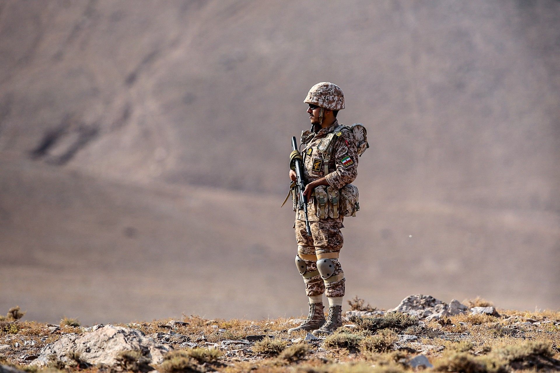 A member of the Islamic Revolutionary Guard Corps (IRGC) during a ground forces military drill in the Aras area near the border with Armenia, East Azarbaijan province, Iran, October 19, 2022