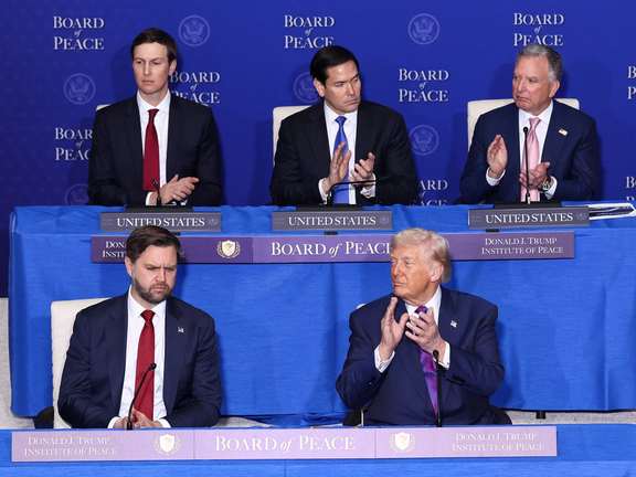 US President Donald Trump, Vice President JD Vance, Secretary of State Marco Rubio, Donald Trump's son-in-law Jared Kushner and US Special Envoy Steve Witkoff attend the inaugural Board of Peace meeting at the US Institute of Peace in Washington, DC, US, February 19, 2026