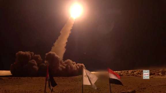 A Houthi missile being launched from a location in Yemen. Undated