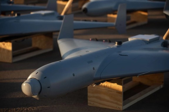 A row of US LUCAS one-way attack drones are shown in an image released by CENTCOM on December 3, 2025.
