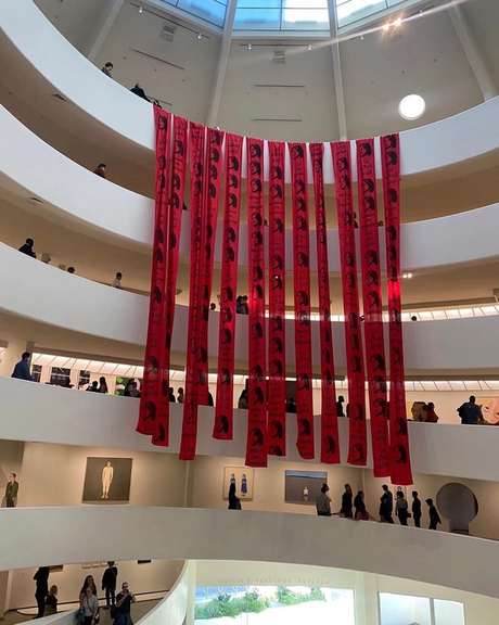 An artwork in support of Iranians' antigovernment protests at the Solomon R. Guggenheim Museum in New York City