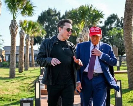 Elon Musk greets US president-elect Donald Trump for an SpaceX launc, November 19, 2024