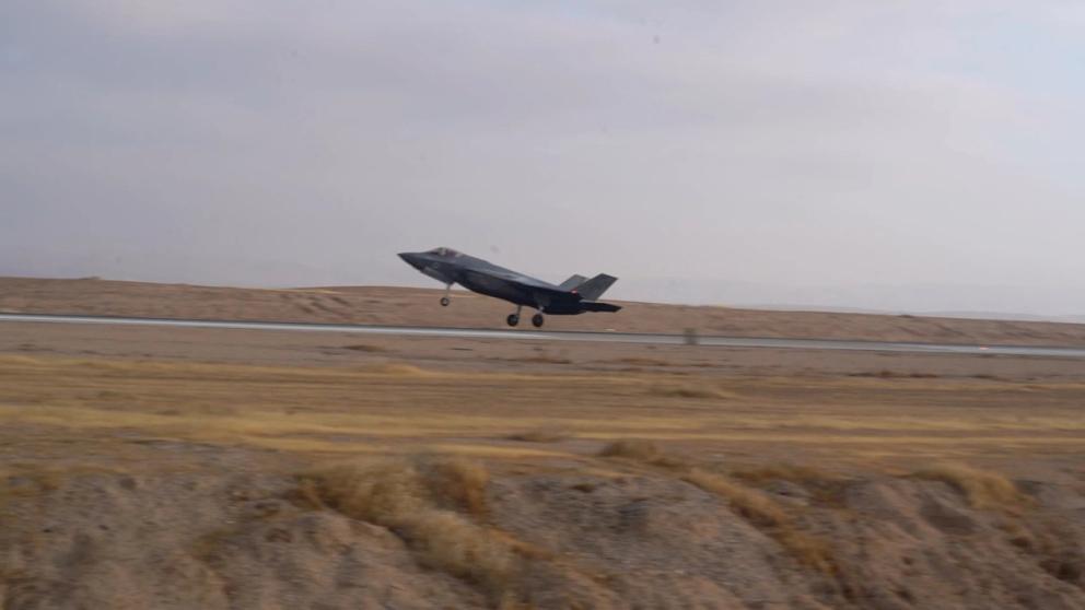 Israeli Air Force F-35 Lightning 'Adir' fighter jet lands at a location given as Nevatim Airbase after an aerial defense mission, in Israel, in this screen grab taken from a handout video released on April 14, 2024