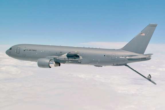 A US Air Force KC-46A with refueling boom lowered