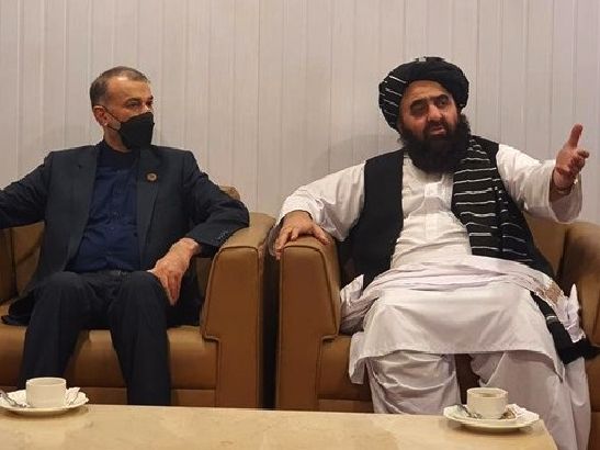 Iranian foreign minister Hossein Amir-Abdollahian with his Afghan counterpart.