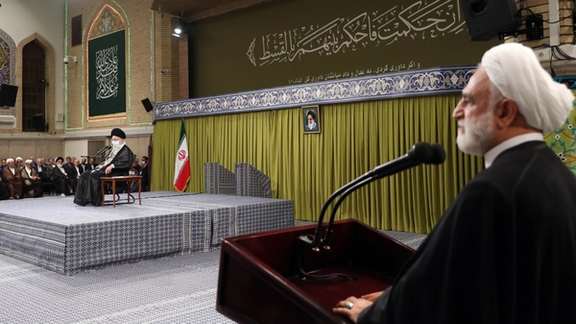 Iran's Chief Justice Gholamhossein Mohseni Ejei speaking during a meeting of judiciary officials with Supreme Leader Ali Khamenei on June 27, 2023
