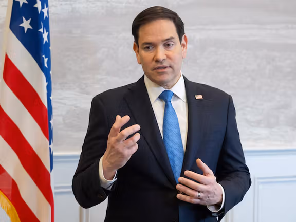 US Secretary of State Marco Rubio speaks to the media during a refueling stop at Shannon Airport in Shannon, Ireland, March 12, 2025, as he travels from talks with Ukraine in Saudi Arabia to attending a G7 Foreign Ministers meeting in Canada.
