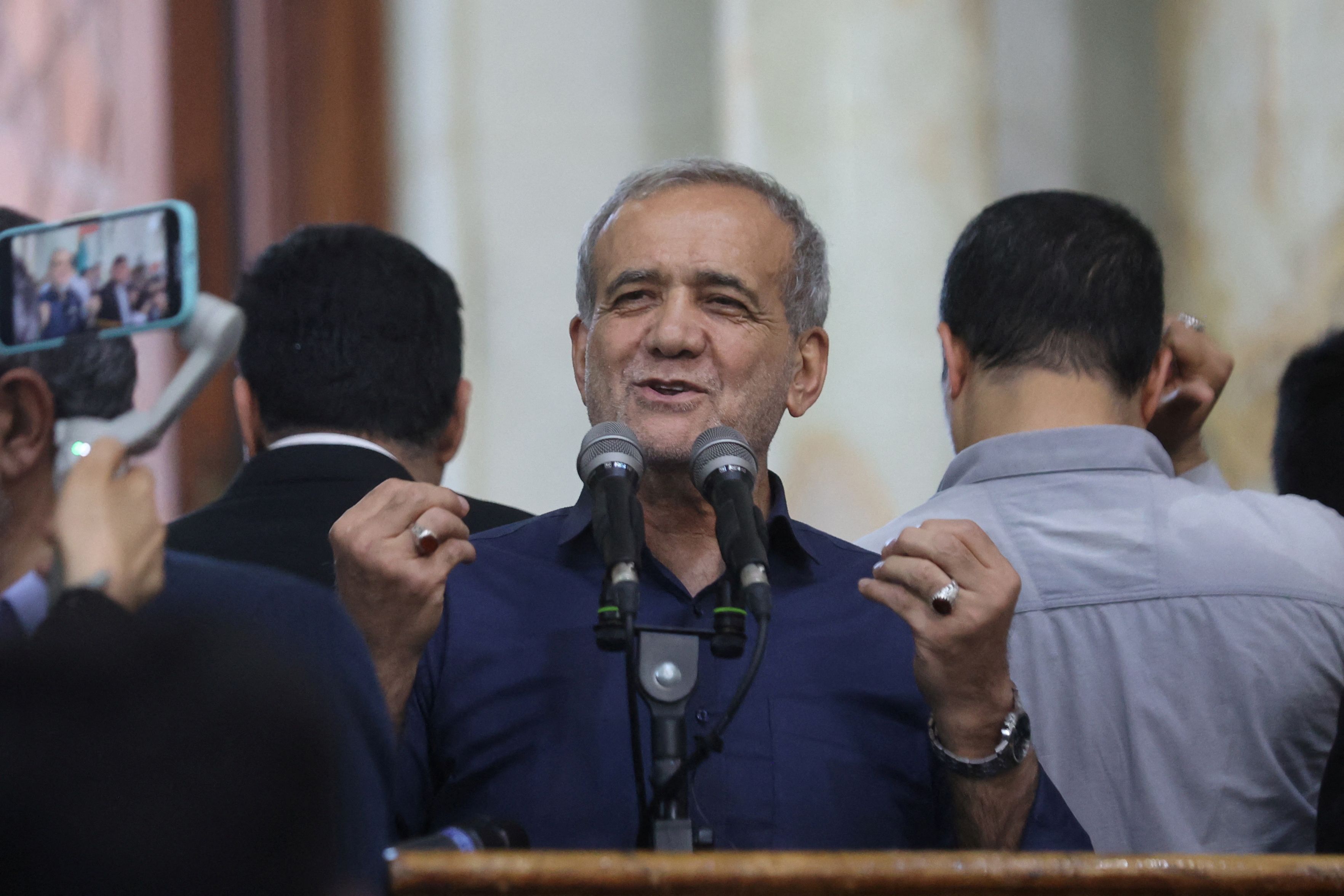 Iran's President-elect Masoud Pezeshkian speaks during a gathering with his supporters at the shrine of Iran's late leader Ayatollah Ruhollah Khomeini, in south of Tehran, Iran July 6, 2024. 