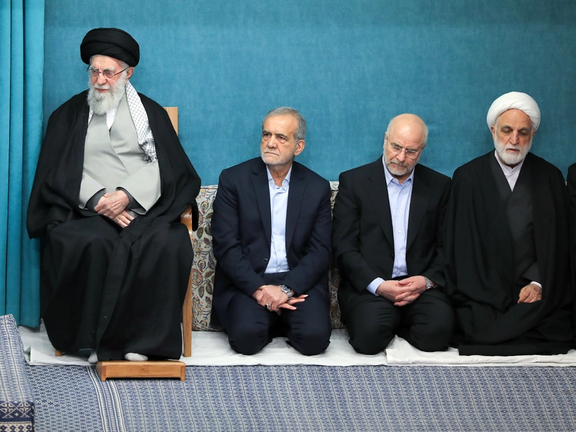 Iran's Supreme Leader Ali Khamenei (left), President Masoud Pezeshkian, Parliament Speaker Mohammad-Bagher Ghalibaf and Judiciary Chief Mohseni Ejei (right)