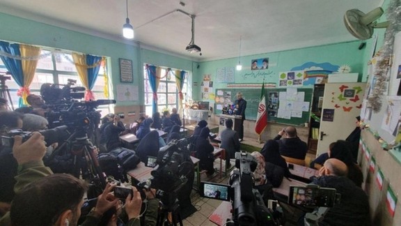 Iran’s foreign ministry spokesperson Esmail Baghaei during a press conference inside a classroom in Tehran on March 3, 2026