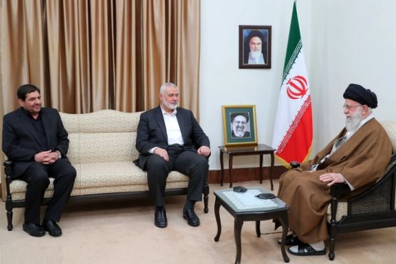 Hamas Leader Ismail Haniyeh (center) meets with Iran's Supreme Leader Ali Khamenei (right), in the presence of Acting President Mohammad Mokhber (left), May 22, 2024.