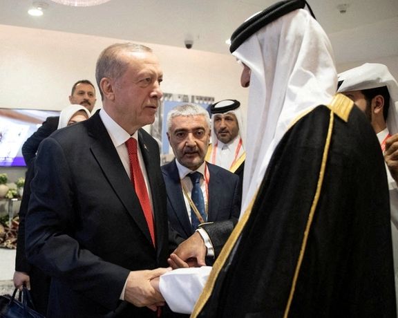 Turkey's President Tayyip Erdogan shakes hands with Qatari Emir Sheikh Tamim bin Hamad Al Thani on the sidelines of the World Cup in Doha, Qatar, November 20, 2022.