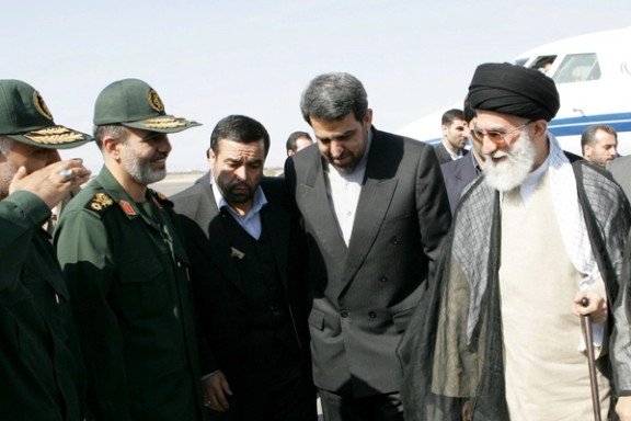 Iran's new Secretary of the Supreme National Security Council Ali Akbar Ahmadian (left) is seen next to Iran's Supreme Leader Ayatollah Ali Khamenei during a meeting in an undisclosed location in Iran, in this picture obtained on May 22, 2023.
