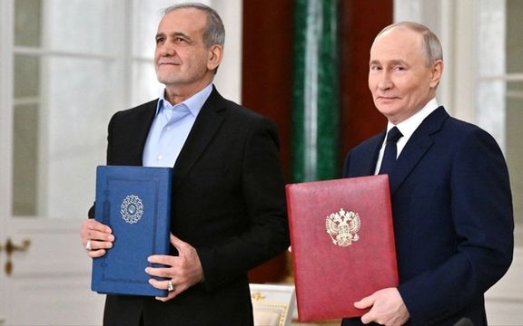 President Pezeshkian with Russia's Vladimir Putin, after signing a strategic agreement this month.