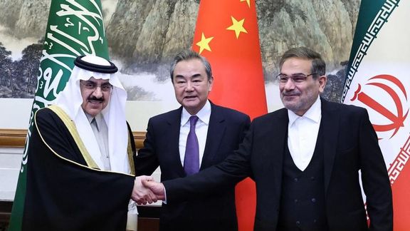 Wang Yi, China’s chief diplomat, Ali Shamkhani (R), Iran’s national security chief, and Saudi representative Musaad bin Mohammed Al Aiban in Beijing, March 10, 2023