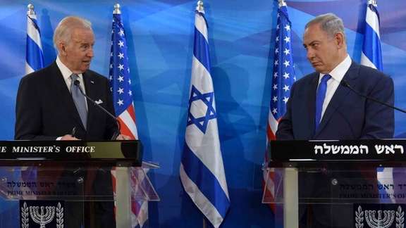 Then-vice president Joe Biden (left) and Israeli prime minister Benjamin Netanyahu during their meeting in Jerusalem, Israel, March 9, 2016