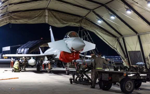 A Royal Air Force Typhoon FGR4 has Paveway IV weapons loaded by Weapon Technicians in support of current ongoing operations against Houthi targets in Yemen, February 22, 2024.
