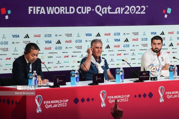 Team Melli coach Carlos Queiroz (center) during the press conference on the eve of the match against the United States on November 28, 2022