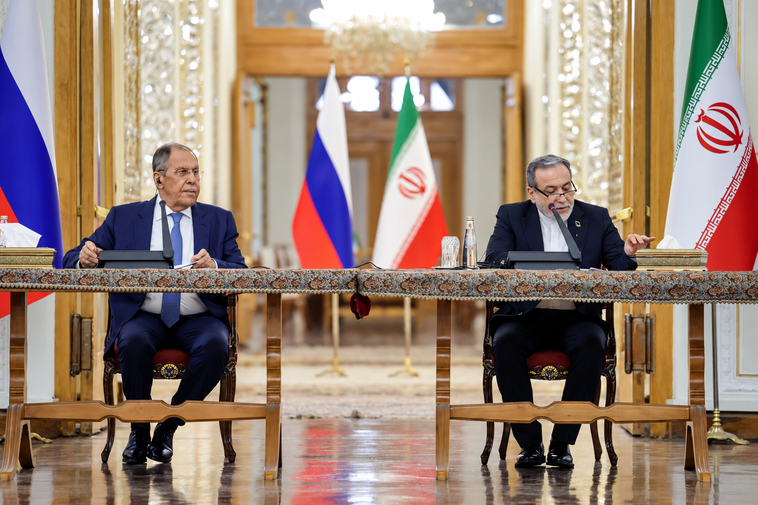 Russian Foreign Minister Sergei Lavrov (left) and Iranian Foreign Minister Abbas Araghchi hold talks in Tehran on October 19, 2026.