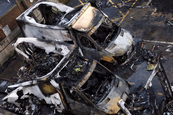 Charred remains of ambulances belonging to Hatzola, a Jewish community organisation, which were set on fire in an incident that the police say is being treated as an antisemitic hate crime, in northwest London, Britain, March 23, 2026.