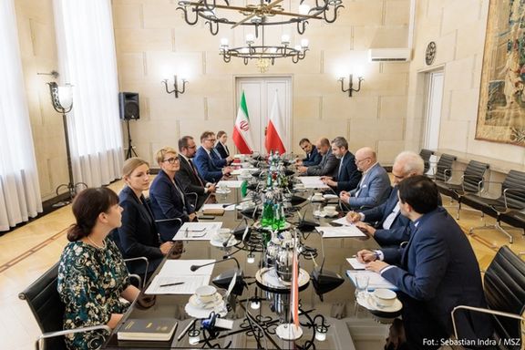 Poland’s Undersecretary of State at the Foreign Ministry Paweł Jabłoński during a meeting with Iran’s Deputy Foreign Minister for Political Affairs Ali Bagheri-Kani in Warsaw on July 19, 2023