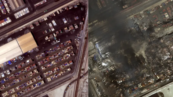Complete destruction of Sina Company's 15-hectare yard in comparison with a photon taken a month before the explosion