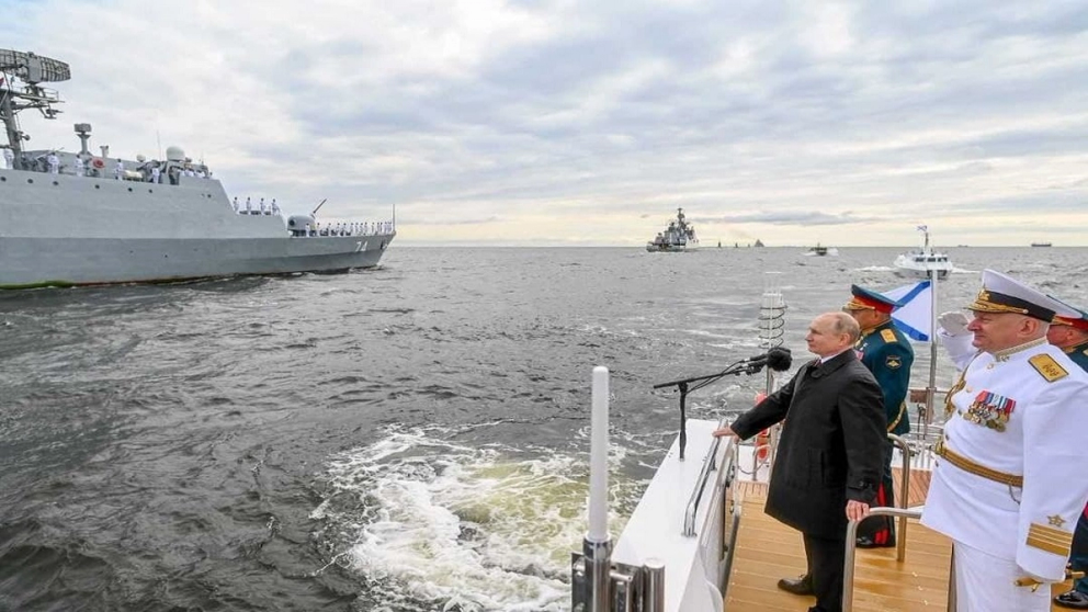 Iranian Navy’s IRIS Sahand, Moudge-class frigate, during a ceremony in Russia’s Army Day with President Vladimir Putin in attendance   