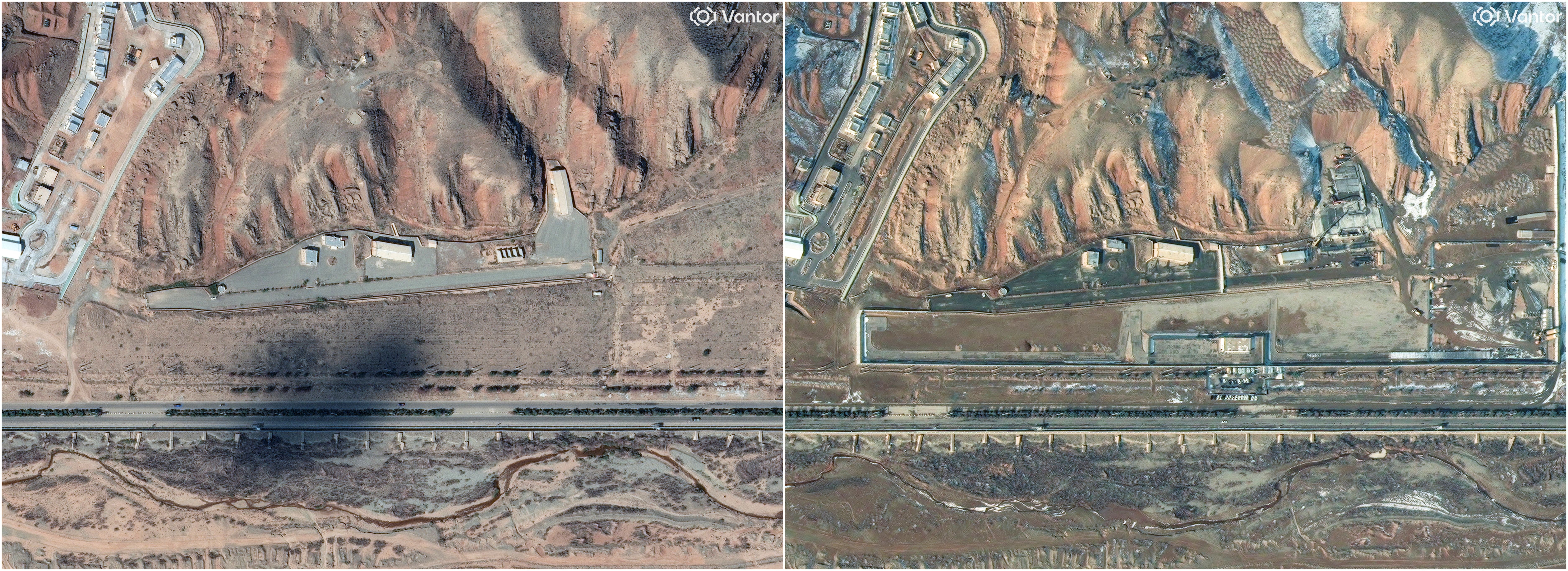 Satellite images show the Parchin military complex before Israeli strikes in October 2024 (left) and the site covered with concrete in January 2026 (right).