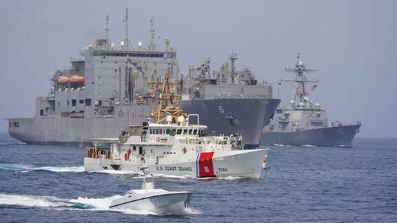 US naval vessels transiting the Strait of Hormuz on August 6, 2023