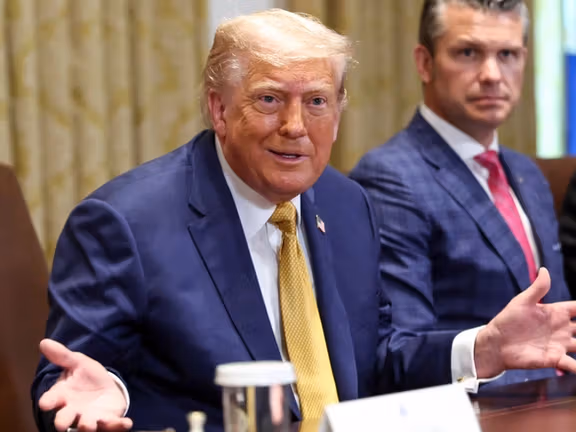 US president Donald Trump and defense secretary Pete Hegseth in Cabinet meeting, July 8, 2025