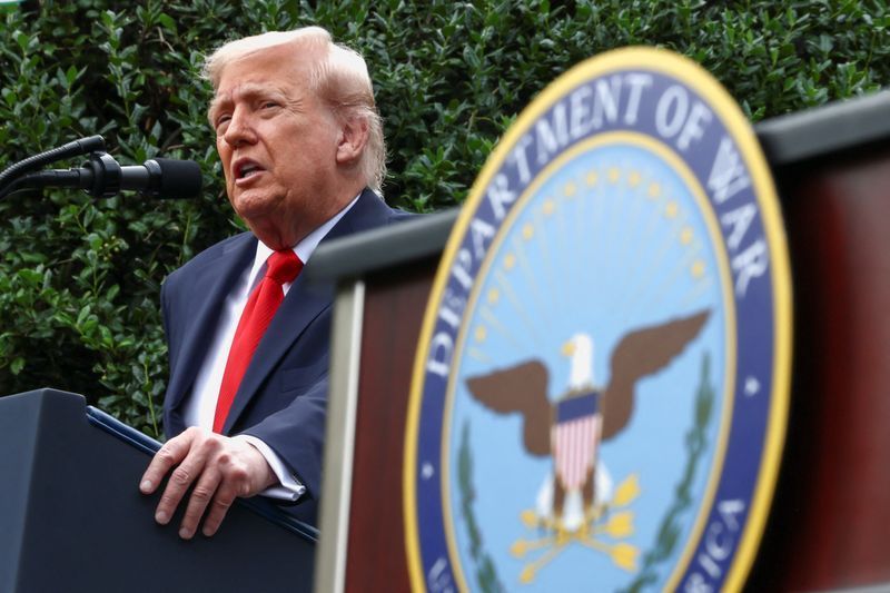 U.S. President Donald Trump delivers a speech at the Pentagon, in Washington D.C., U.S., September 11, 2025. REUTERS/Evelyn Hockstein