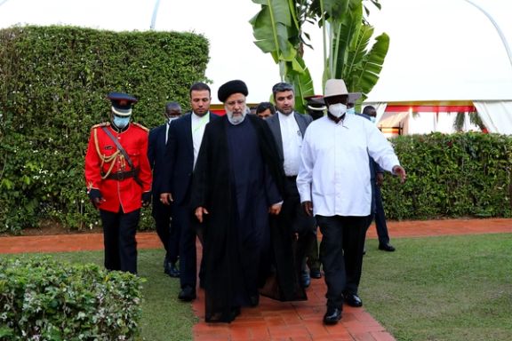 Iran’s president Ebrahim Raisi (left) and Ugandan President Yoweri Museveni in Kampala on July 12, 2023