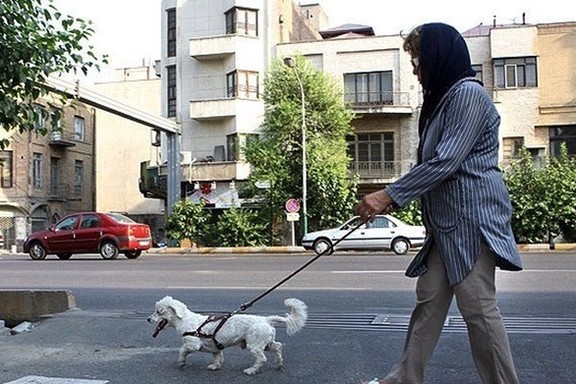 A woman walking a dog in a Tehran street in Iran. Undated
