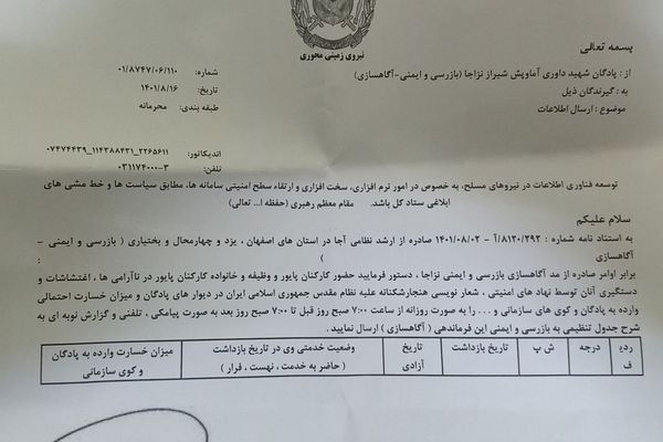 خاص: قائد بالجيش الإيراني يطالب بتقرير يومي عن اعتقال عناصر الجيش وذويهم خلال الاحتجاجات