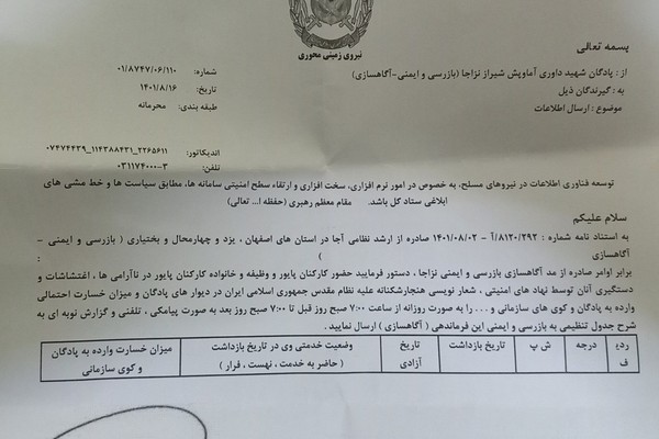 خاص: قائد بالجيش الإيراني يطالب بتقرير يومي عن اعتقال عناصر الجيش وذويهم خلال الاحتجاجات