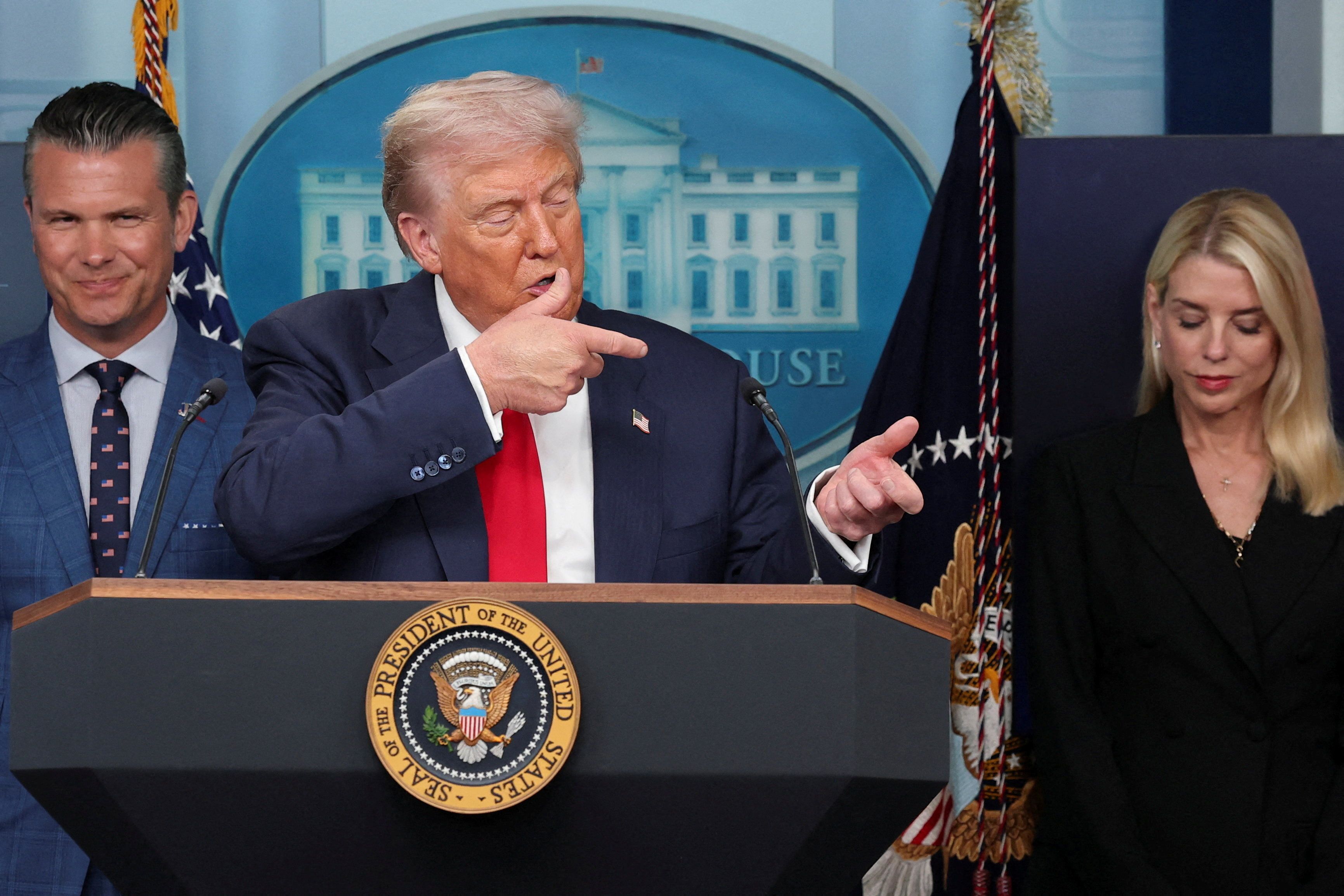 US President Donald Trump during a press briefing 
