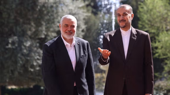 Iran's Foreign Minister Hossein Amir Abdollahian meets with Palestinian group Hamas' top leader, Ismail Haniyeh in Tehran, Iran, March 26, 2024