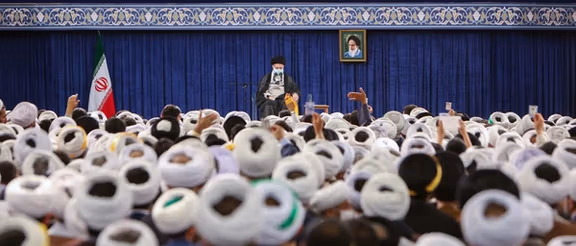 Iran’s Supreme Leader Ali Khamenei during a meeting with a group of clerics in Tehran on July 12, 2023