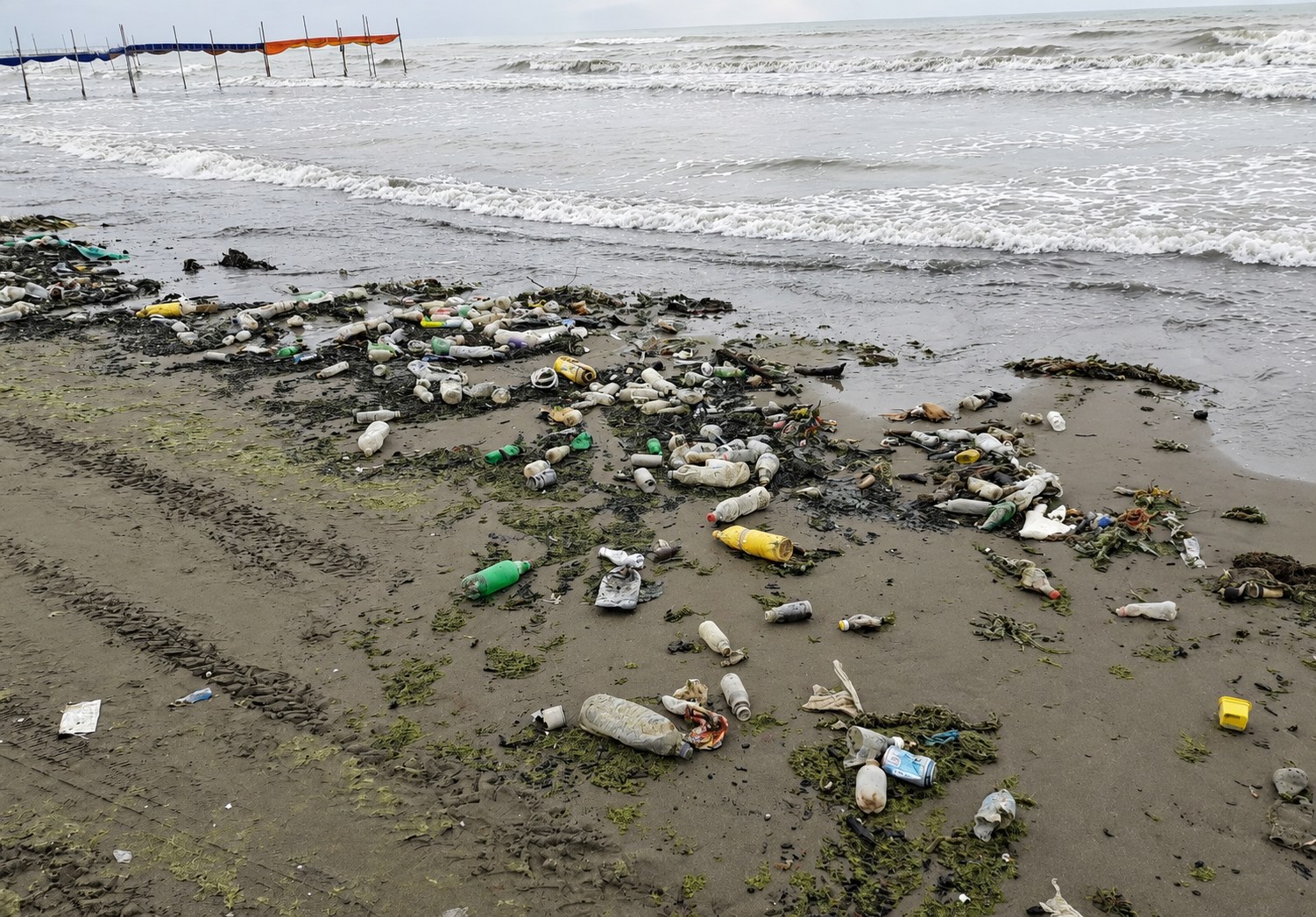 Plastic waste washes ashore along a beach on Iran's coastline, highlighting persistent marine pollution caused by mismanaged waste and plastic debris entering coastal waters.