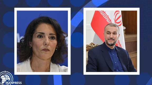 Belgium's Foreign Minister Hadja Lahbib and her Iranian counterpart Hossein Amir-Abdollahian