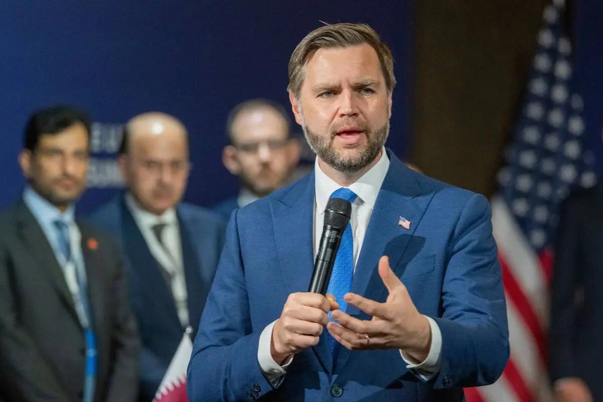 U.S. Vice President JD Vance speaks at a summit in Switzerland, June 21, 2026. | AP / Pool Photo by Urs Flueeler