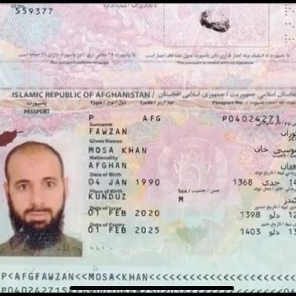 The passport of Fawzan Miss Khan, the Afghan man arrested over a terrorist attack on the Israeli embassy in Baku