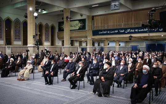 Former Iranian president Hassan Rouhani at the front row of Khamenei's gathering. April 12, 2022