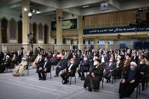 Former Iranian president Hassan Rouhani at the front row (far right) of Khamenei's gathering. April 12, 2022