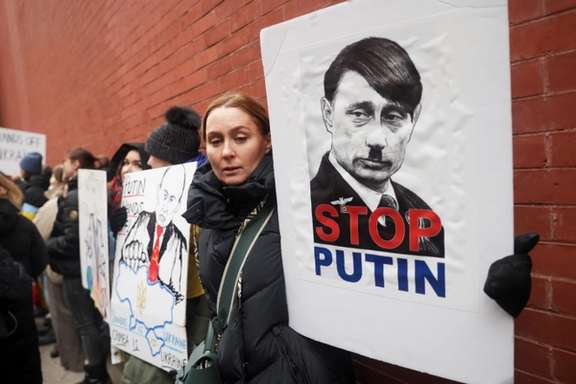 Protest at New York's Times Square in support of Ukraine. February 24, 2022